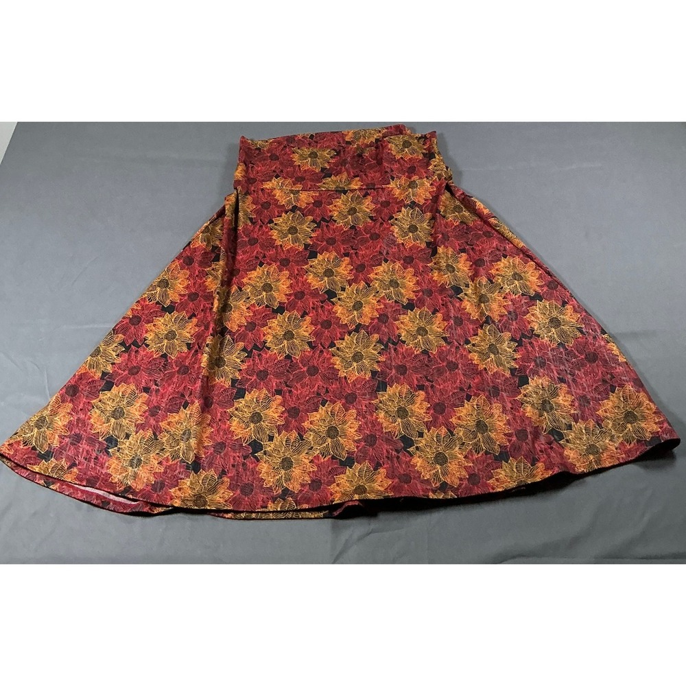 LuLaRoe Madison‎ Skirt L Red Orange Floral Sunflower A-Line Yoga Waistband BoHo